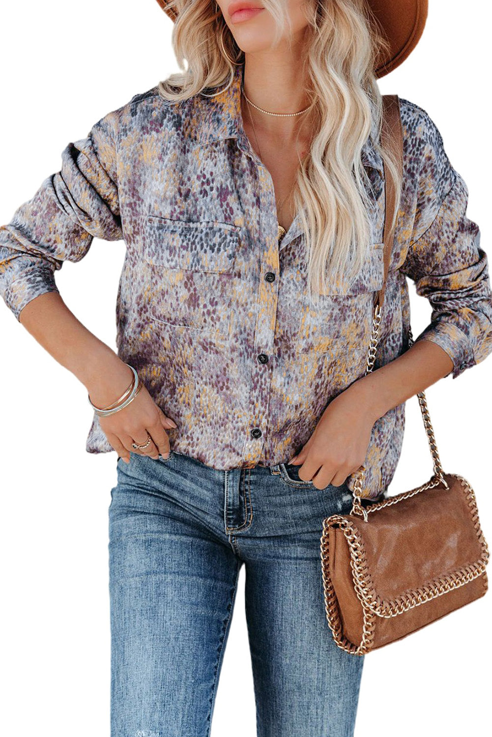 Print Pocketed Buttons Long Sleeve Shirt
