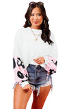 Cow Print Waffle Knit White Puff Sleeve Blouse