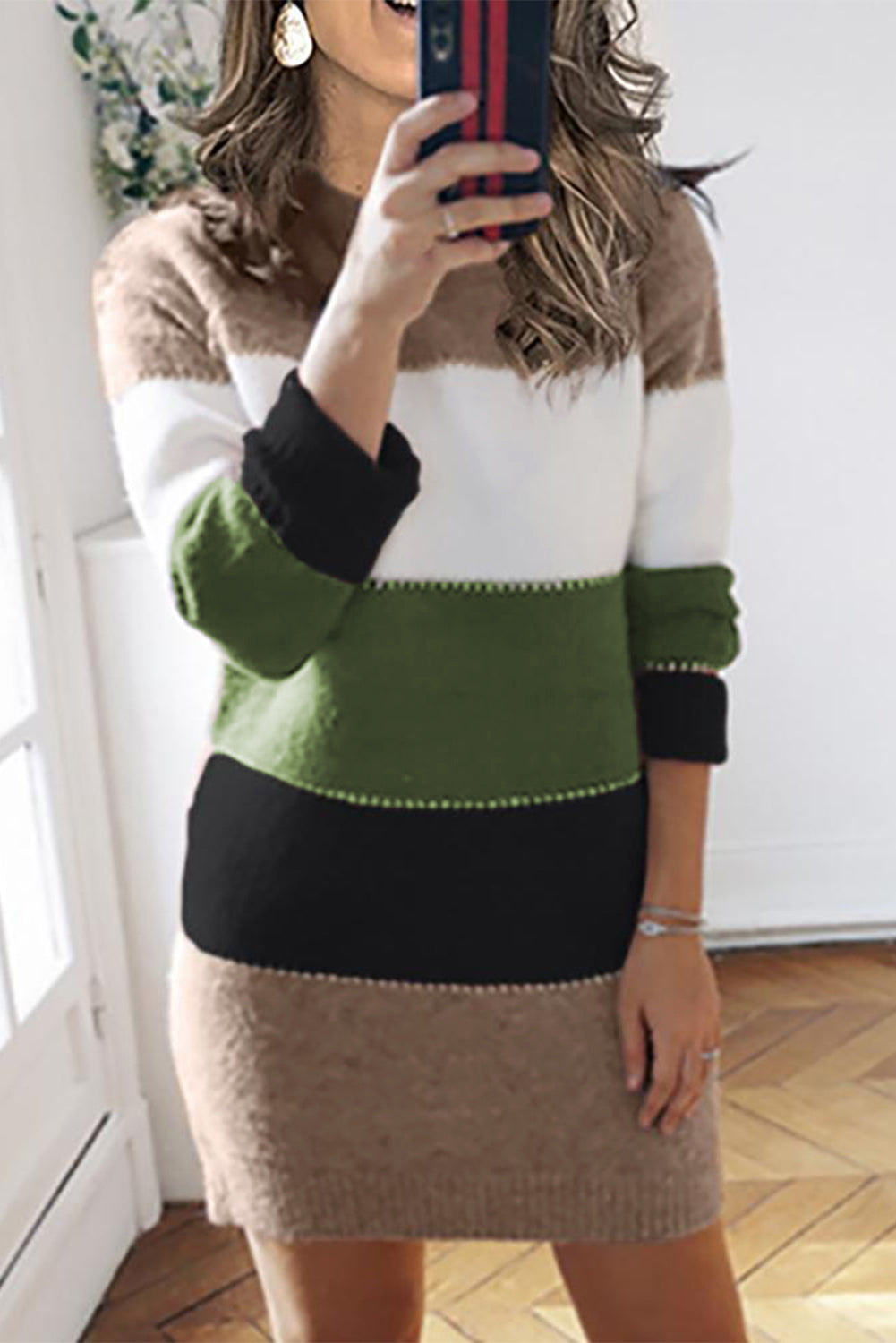 Khaki Color Block Sweater Dress