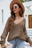 Women Brown Deep V Neck Pocketed Drop Shoulder Sweater