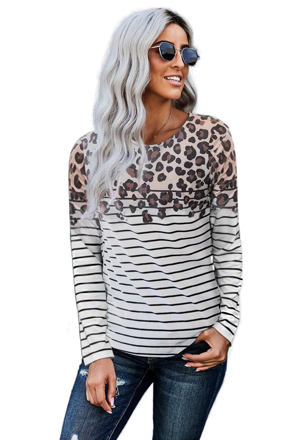 Floral Striped Print Long Sleeve Top for Women