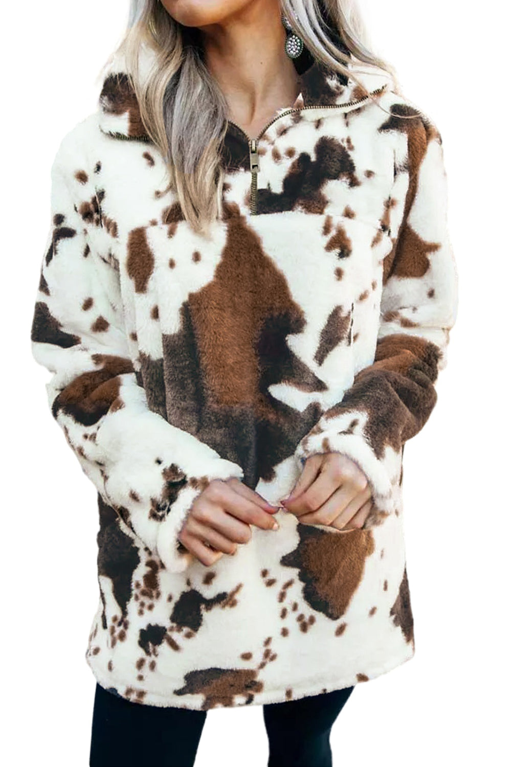 Women's Cow Print Mid Length Quarter Zipper Fleece Sweatshirt