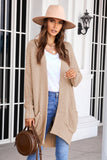 Women's Khaki Open Front Pocket Casual Waffle Knitted Cardigan