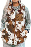 Cow Print Stand Collar Zipped Winter Plush Vest with Pockets