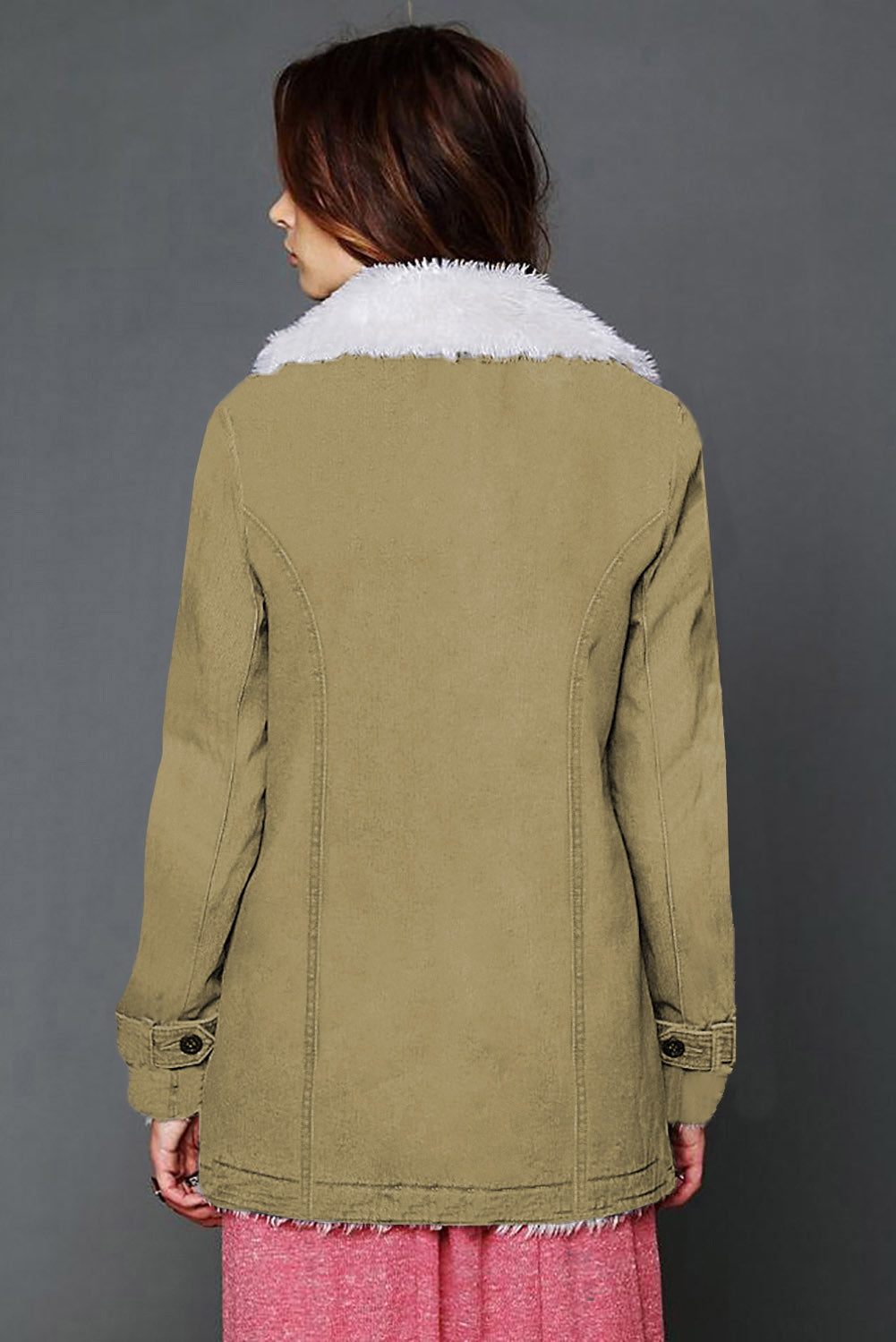 Khaki Lapel Collar Fleece Lined Jacket