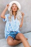 Fashionable Cotton Blend Blue And White Striped Button Up Shirt Womens