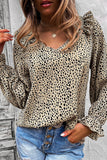 Ruffled V Neck Long Sleeve Leopard Print Shirt