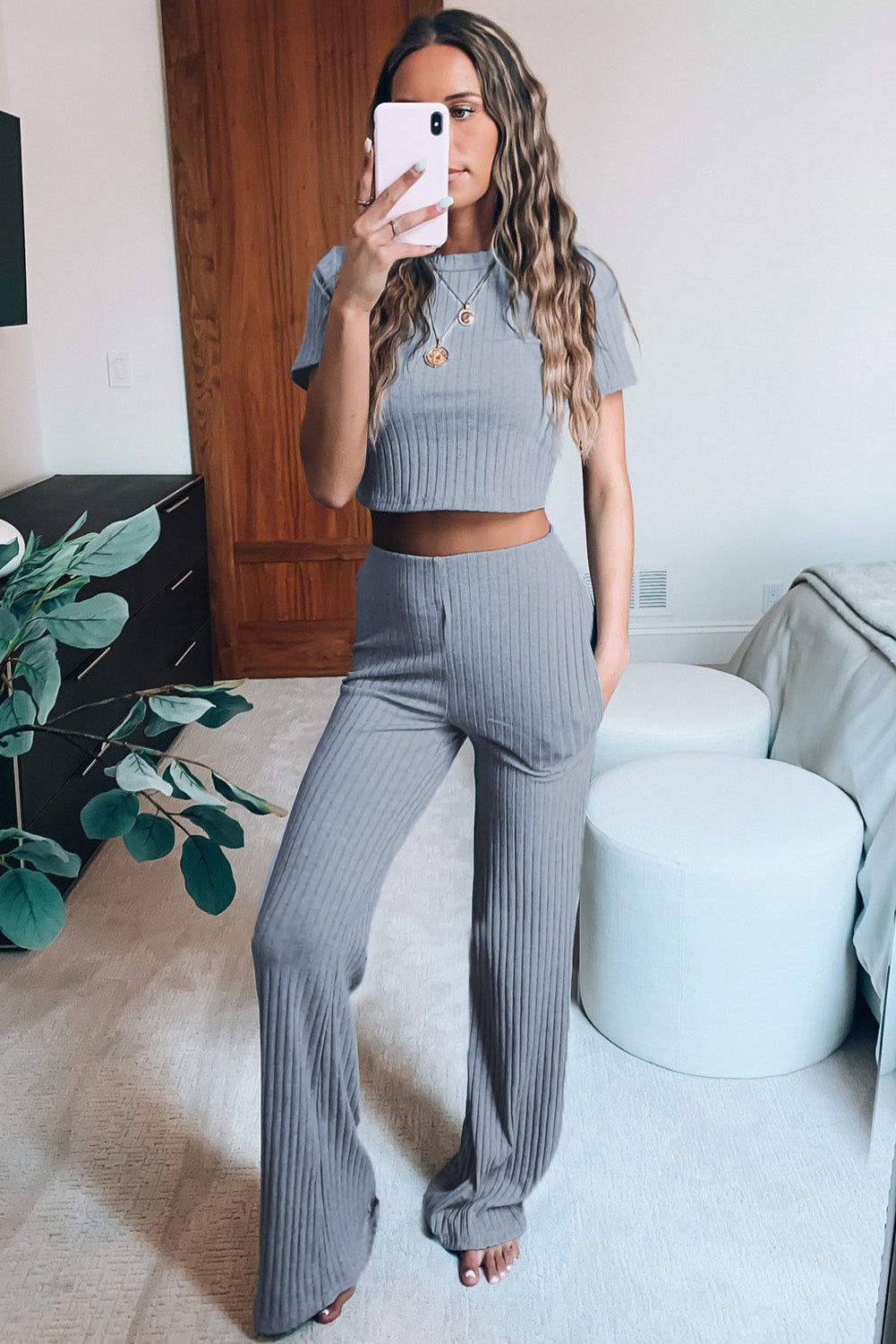 Cropped Tee and Wide Legs Pants Ribbed Knit Lounge Set