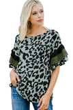 Olive Green Leopard Ruffled Sleeves Top