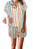 Multicolor Striped Button Down Shirt And Shorts Set Nightwear