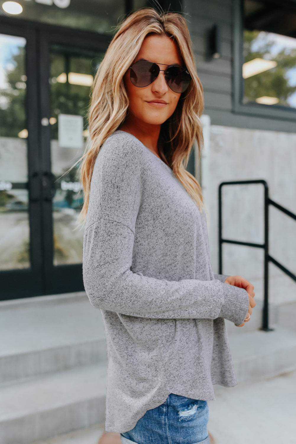 Women's Grey Long Sleeve Top with Curve Hem