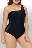Black Plus Size One Shoulder Grid Cutout Waist Maillot Swimwear