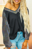 Color Block V Neck Puff Long Sleeve Blouse