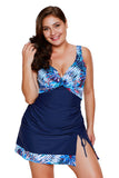 Plus Size Ruched V Neck Printed Tankini Two Piece Swimsuit