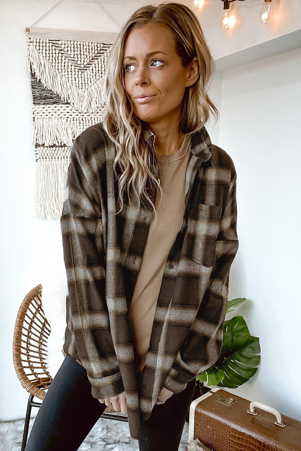 Ladies Oversized Check Shirt with Button Closure