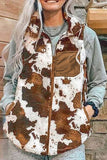 Cow Print Stand Collar Zipped Winter Plush Vest with Pockets