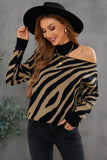 Women's Zebra Print Mock Neck One Shoulder Cut Out Sweater