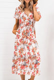 Floral Warp V-Neck Short Sleeve Midi Dress