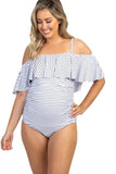 Striped Ruffle Trim Ruched One-Piece Maternity Swimsuit