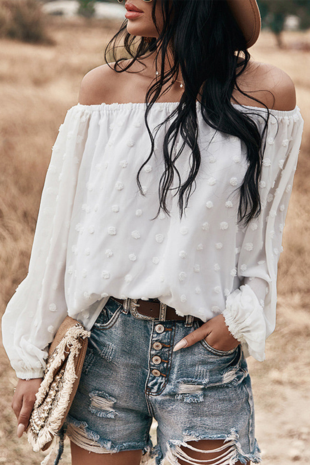 white off the shoulder puff sleeve top