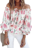 Floral Print Off The Shoulder Lace Up Ruffle Flare Sleeve Blouse