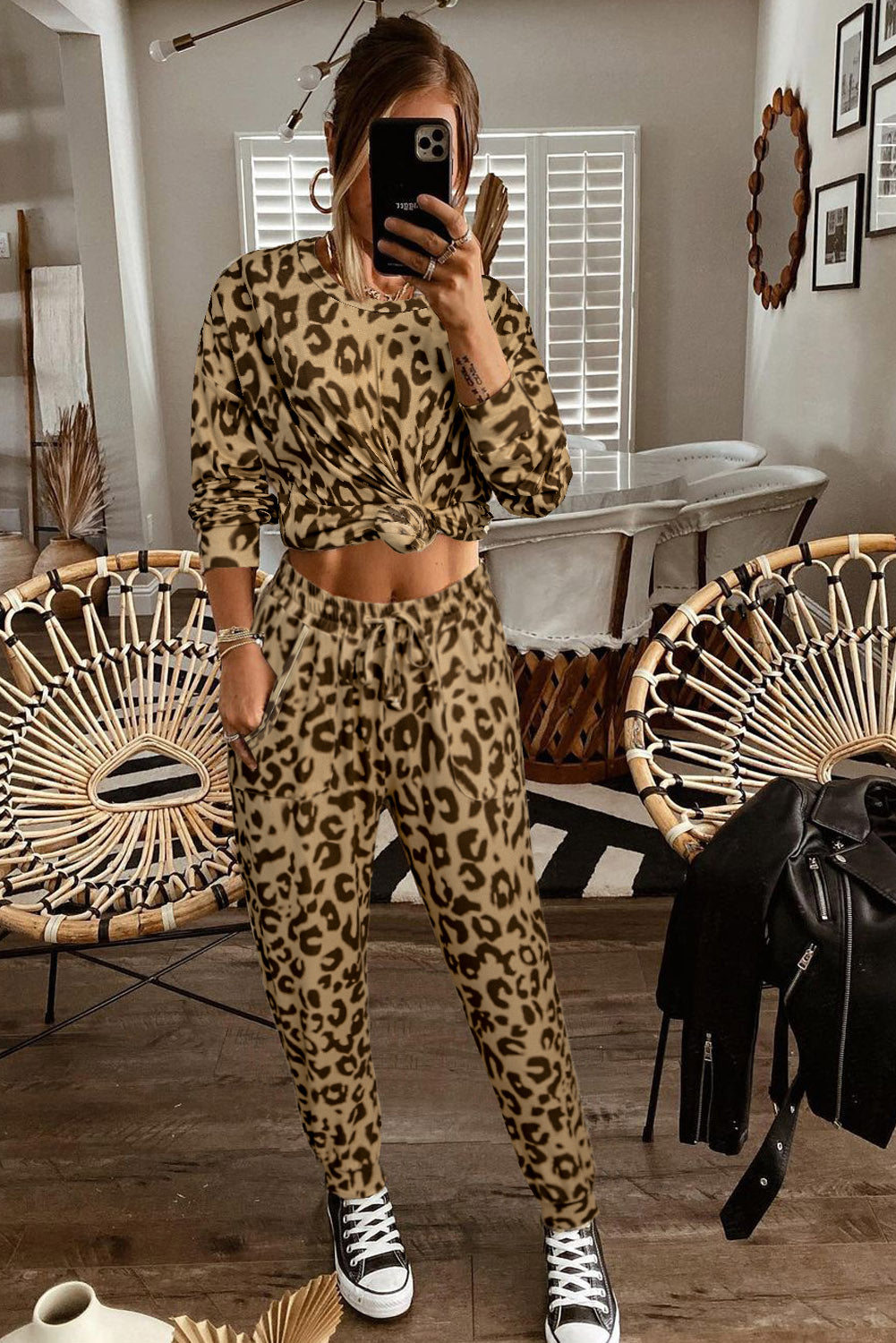 Ruched Leopard Print Two Piece Lounge Set