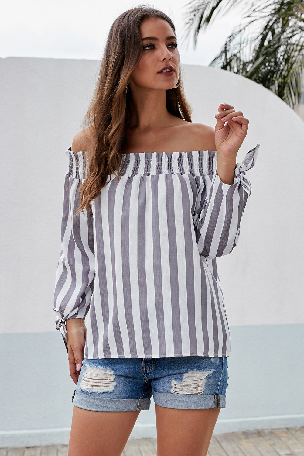 Blue And White Striped Off The Shoulder Top with Bowknot on Sleeves