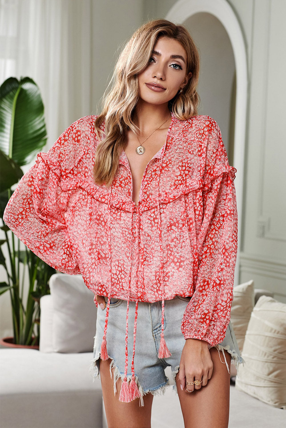 Printed Split Neck Ruffle Detail Blouse With Tassels