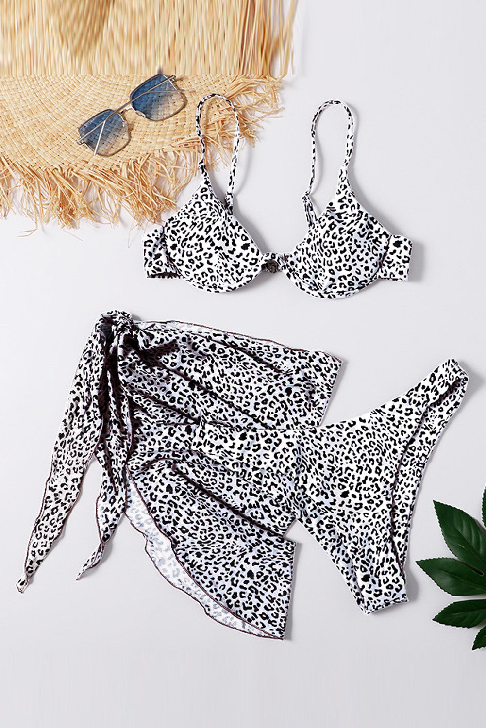 Three Piece Leopard Bikini Sets With Matching Sarong