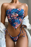 Bikini a vita alta con orlo a fazzoletto con stampa di fiori tropicali
