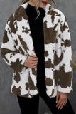 Cow Print Lapel Collar Open Front Buttoned Fleece Coat Women