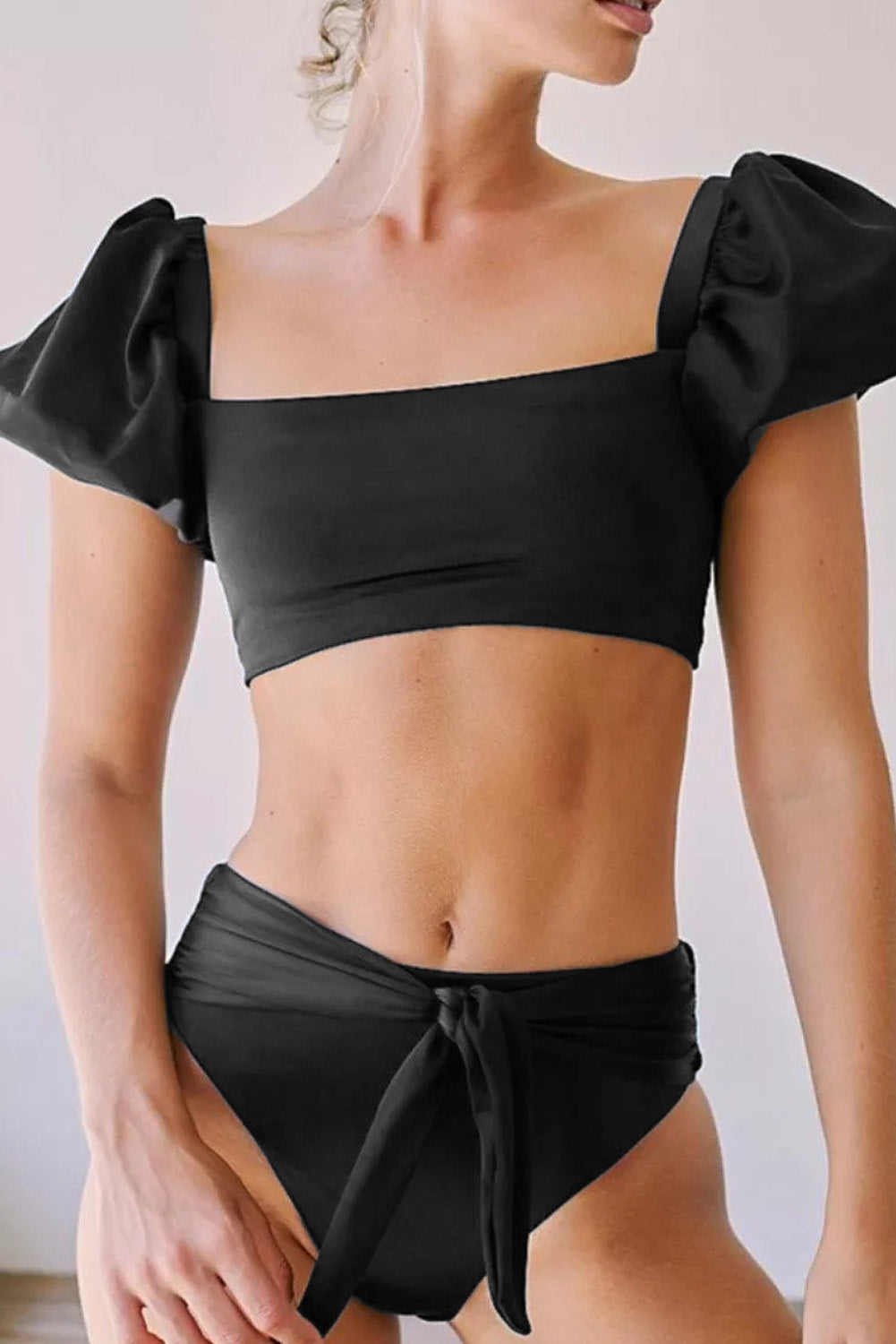 Bubble Sleeves Knotted High Waisted Bandeau Swimsuit