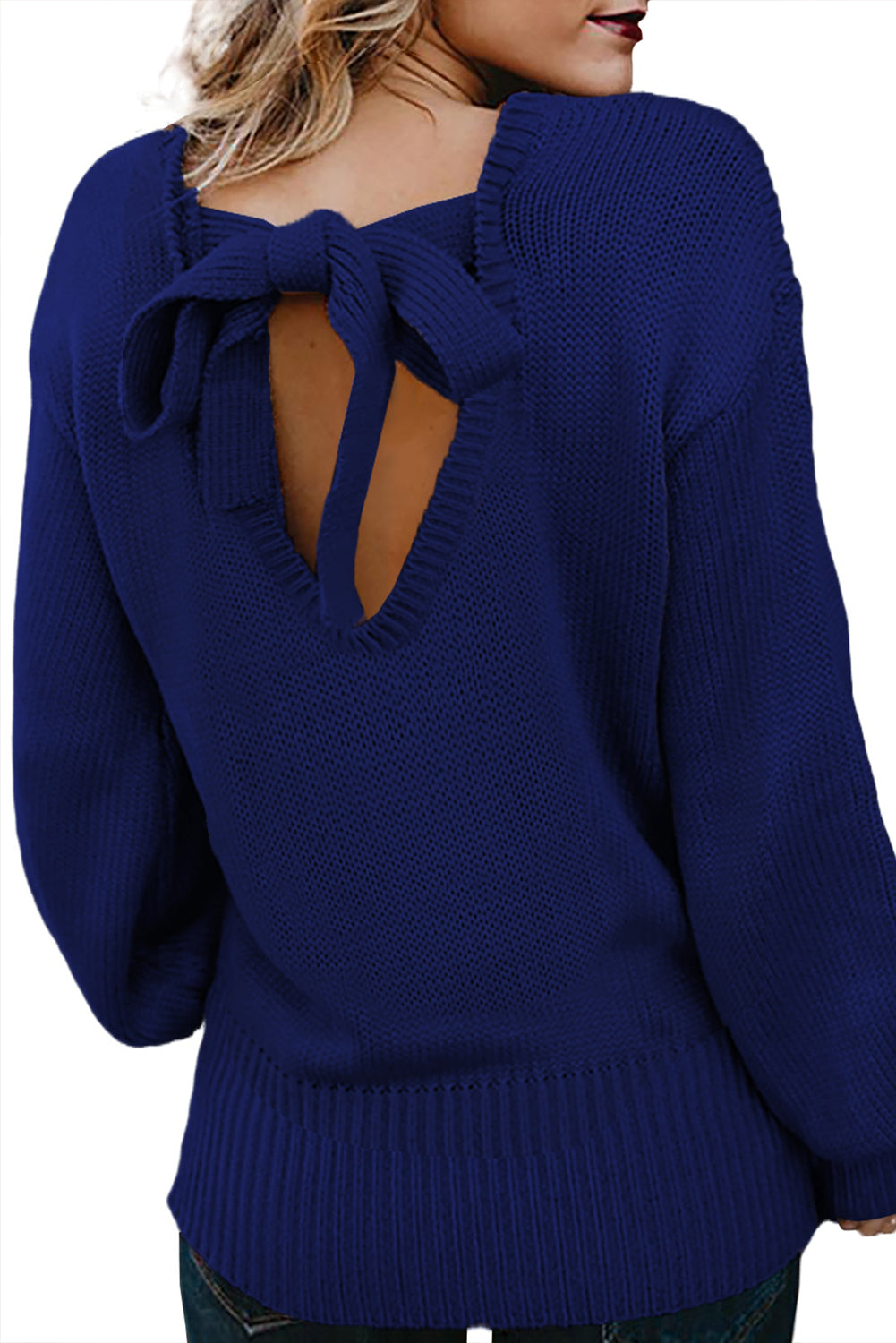 Women Solid Color Hollow Out Back Pullover Sweater with Tie