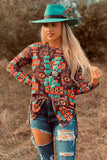 Aztec Long Sleeve Top with Side Slits And Leopard Patchwork