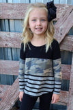 Camo Striped Color Block Girl's Crewneck Long Sleeve Top