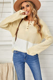 Women's V Neck Buttoned Knitted Color Block Long Sweater
