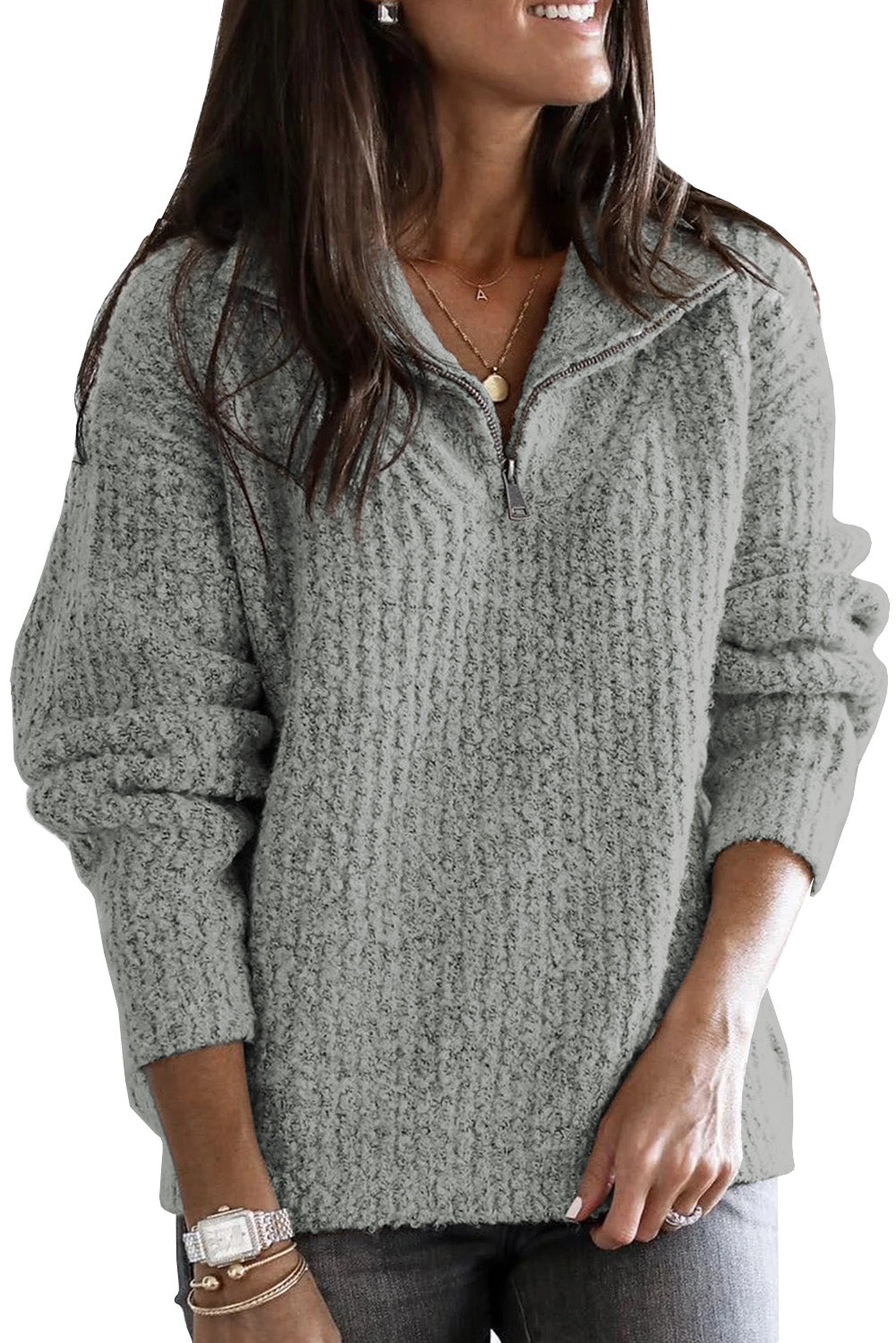 Women's Quarter Zip Collar Knitted Sweater Loose Fit Cozy Pullovers