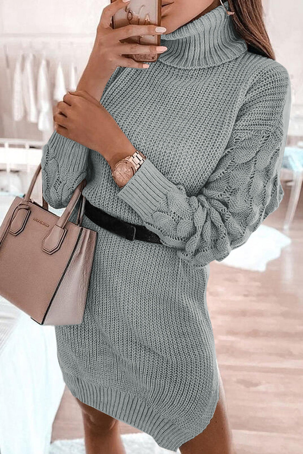 Turtleneck Plain Sweater Dress With Slit