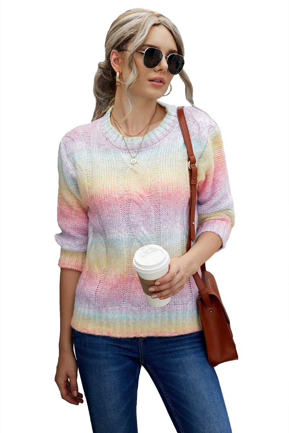 Maglioni invernali da donna in maglia a trecce multicolor tie-dye