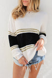 Women Black and White Colorblock Drop Shoulder Knitted Pullover Sweater