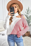 Women's Black and White Color Block Cold Shoulder Turtleneck Sweater