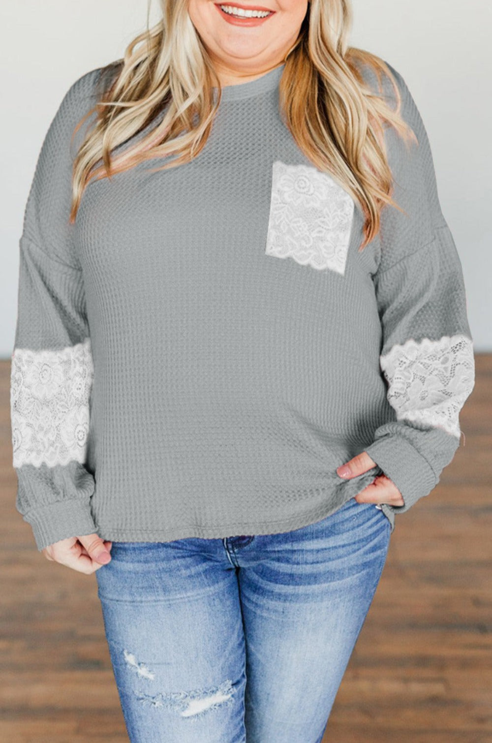 Lace Patchwork Plus Size Waffle Knit Crew Neck Sweatshirt