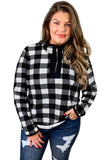Women's Black and White Plaid High Neck Top Plus Size Quarter Zip Sweatshirt