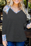 Floral Splicing Black And White Striped Top For Ladies