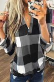 Contrast Color V Neck Checked Long Sleeve Top