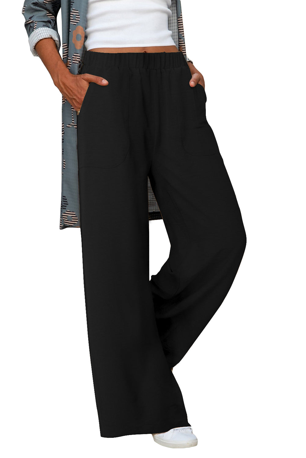 Pantaloni a gamba larga con tasca elastica in vita cachi